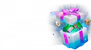 Изображение светящейся подарочной коробки, из которой вылетают деньги и монеты, рекламирующее бонус на день рождения от Лутран в ярких цветах и праздничной атмосфере.