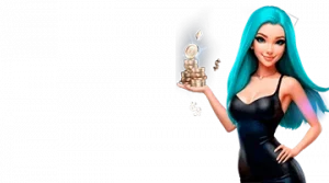 Изображение женского персонажа, держащего стопку монет, рекламирующего приветственный бонус в казино Lootrun в игривом и привлекательном стиле.